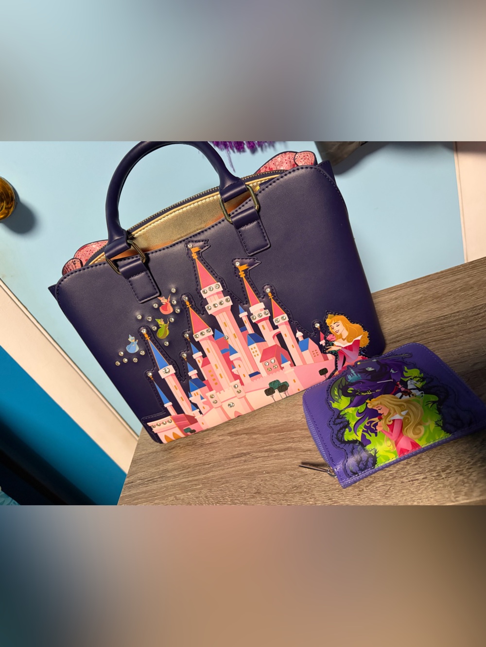 Loungefly Sleeping Beauty castle motif crossbody purse and matching wallet